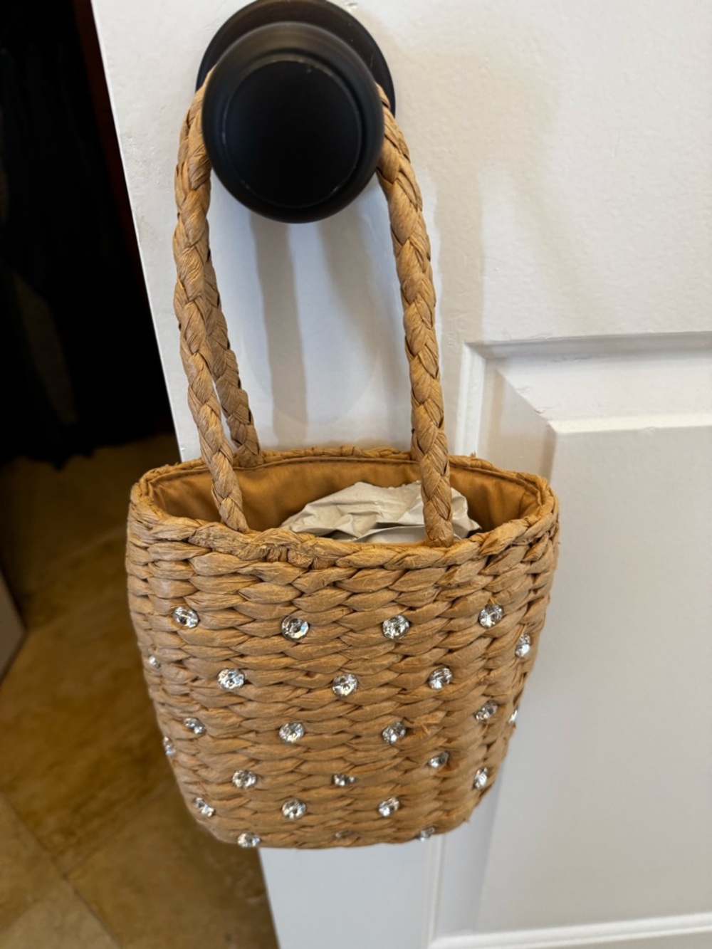 Target Braided Straw Mini Bag with Crystal Studs - Tan